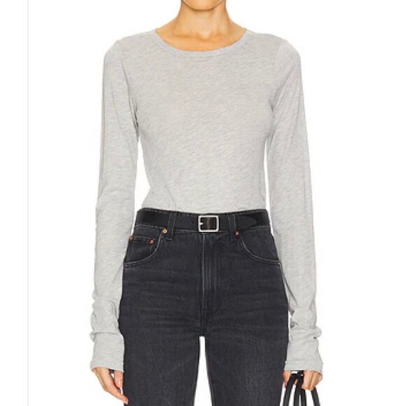 Agolde Rib Knit Top Maya Scoop Neckline Long Sleeve Minimalist Grey Sz L - Picture 1 of 14